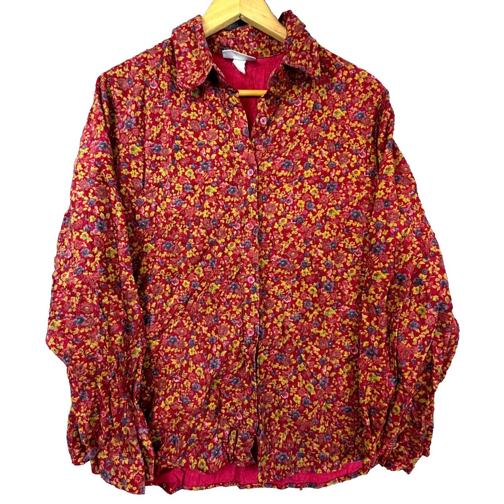 Vintage Blair Shirt Womens XL Red Floral Corduroy 70s Maximalist Boho‎ Button Up